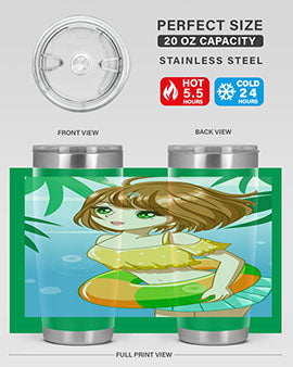 A cute anime girl swimming at the beach, featured on a stylish stainless steel tumbler, perfect for summer drinks.