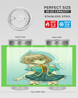 Cute and beautiful girl in a blue dress on a stylish tumbler, showcasing vibrant colors and intricate design.