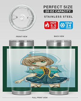 Cute and beautiful girl in a blue dress on a stylish tumbler, showcasing vibrant colors and intricate design.