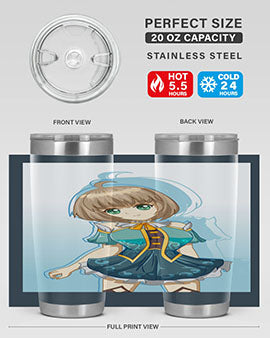 Cute and beautiful girl in a blue dress on a stylish tumbler, showcasing vibrant colors and intricate design.