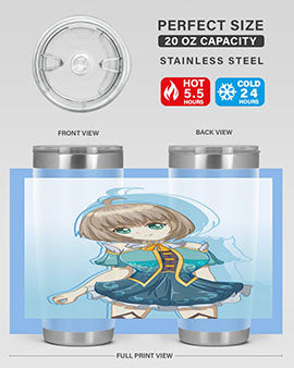 Cute and beautiful girl in a blue dress on a stylish tumbler, showcasing vibrant colors and intricate design.