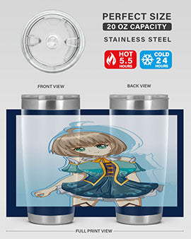 Cute and beautiful girl in a blue dress on a stylish tumbler, showcasing vibrant colors and intricate design.