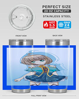 Cute and beautiful girl in a blue dress on a stylish tumbler, showcasing vibrant colors and intricate design.