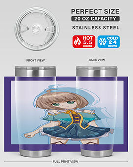 Cute and beautiful girl in a blue dress on a stylish tumbler, showcasing vibrant colors and intricate design.