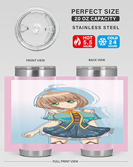 Cute and beautiful girl in a blue dress on a stylish tumbler, showcasing vibrant colors and intricate design.