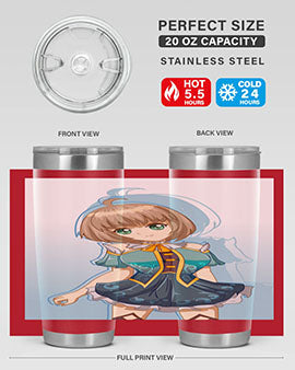 Cute and beautiful girl in a blue dress on a stylish tumbler, showcasing vibrant colors and intricate design.