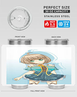 Cute and beautiful girl in a blue dress on a stylish tumbler, showcasing vibrant colors and intricate design.