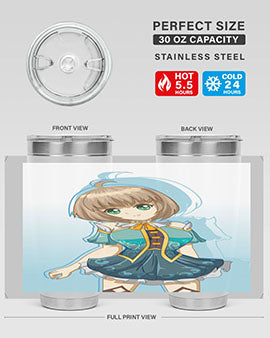 Cute and beautiful girl in a blue dress on a stylish tumbler, showcasing vibrant colors and intricate design.