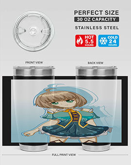 Cute and beautiful girl in a blue dress on a stylish tumbler, showcasing vibrant colors and intricate design.