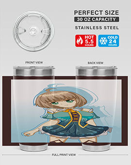 Cute and beautiful girl in a blue dress on a stylish tumbler, showcasing vibrant colors and intricate design.