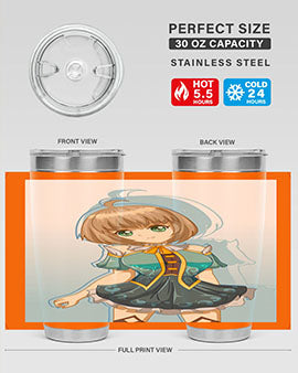 Cute and beautiful girl in a blue dress on a stylish tumbler, showcasing vibrant colors and intricate design.