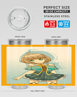 Cute and beautiful girl in a blue dress on a stylish tumbler, showcasing vibrant colors and intricate design.