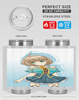 Cute and beautiful girl in a blue dress on a stylish tumbler, showcasing vibrant colors and intricate design.