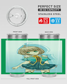 Cute and beautiful girl in a blue dress on a stylish tumbler, showcasing vibrant colors and intricate design.