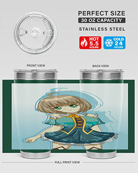 Cute and beautiful girl in a blue dress on a stylish tumbler, showcasing vibrant colors and intricate design.