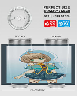 Cute and beautiful girl in a blue dress on a stylish tumbler, showcasing vibrant colors and intricate design.