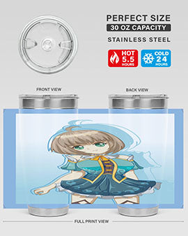 Cute and beautiful girl in a blue dress on a stylish tumbler, showcasing vibrant colors and intricate design.