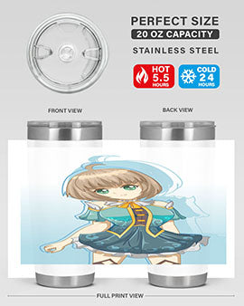 Cute and beautiful girl in a blue dress on a stylish tumbler, showcasing vibrant colors and intricate design.