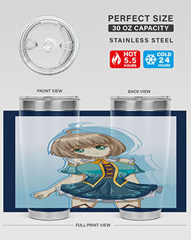 Cute and beautiful girl in a blue dress on a stylish tumbler, showcasing vibrant colors and intricate design.