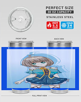 Cute and beautiful girl in a blue dress on a stylish tumbler, showcasing vibrant colors and intricate design.