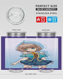 Cute and beautiful girl in a blue dress on a stylish tumbler, showcasing vibrant colors and intricate design.