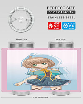 Cute and beautiful girl in a blue dress on a stylish tumbler, showcasing vibrant colors and intricate design.