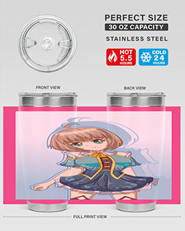 Cute and beautiful girl in a blue dress on a stylish tumbler, showcasing vibrant colors and intricate design.