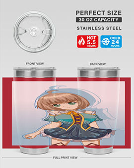 Cute and beautiful girl in a blue dress on a stylish tumbler, showcasing vibrant colors and intricate design.