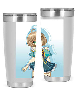 Cute and beautiful girl in a blue dress on a stylish tumbler, showcasing vibrant colors and intricate design.