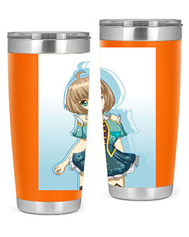 Cute and beautiful girl in a blue dress on a stylish tumbler, showcasing vibrant colors and intricate design.