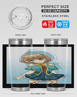 Cute and beautiful girl in a blue dress on a stylish tumbler, showcasing vibrant colors and intricate design.