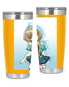 Cute and beautiful girl in a blue dress on a stylish tumbler, showcasing vibrant colors and intricate design.