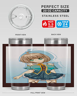 Cute and beautiful girl in a blue dress on a stylish tumbler, showcasing vibrant colors and intricate design.