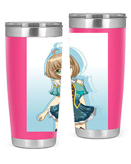 Cute and beautiful girl in a blue dress on a stylish tumbler, showcasing vibrant colors and intricate design.