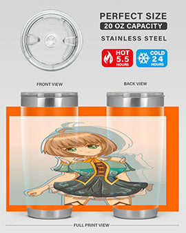 Cute and beautiful girl in a blue dress on a stylish tumbler, showcasing vibrant colors and intricate design.