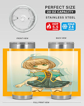 Cute and beautiful girl in a blue dress on a stylish tumbler, showcasing vibrant colors and intricate design.