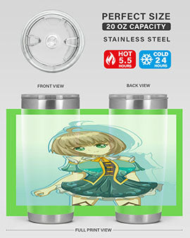 Cute and beautiful girl in a blue dress on a stylish tumbler, showcasing vibrant colors and intricate design.