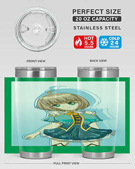 Cute and beautiful girl in a blue dress on a stylish tumbler, showcasing vibrant colors and intricate design.