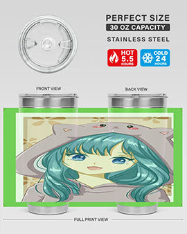 Cute anime tumbler featuring a girl in a cat jacket, designed for hot and cold beverages.