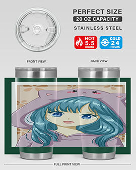 Cute anime tumbler featuring a girl in a cat jacket, designed for hot and cold beverages.