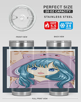 Cute anime tumbler featuring a girl in a cat jacket, designed for hot and cold beverages.