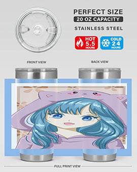 Cute anime tumbler featuring a girl in a cat jacket, designed for hot and cold beverages.