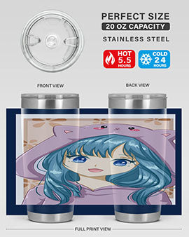 Cute anime tumbler featuring a girl in a cat jacket, designed for hot and cold beverages.