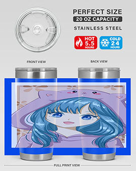 Cute anime tumbler featuring a girl in a cat jacket, designed for hot and cold beverages.