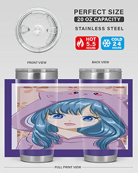 Cute anime tumbler featuring a girl in a cat jacket, designed for hot and cold beverages.