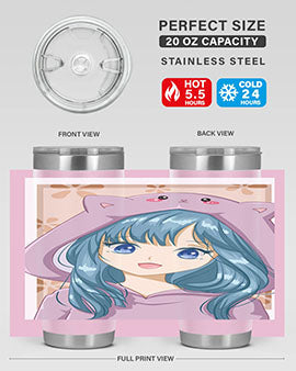 Cute anime tumbler featuring a girl in a cat jacket, designed for hot and cold beverages.