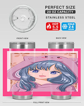 Cute anime tumbler featuring a girl in a cat jacket, designed for hot and cold beverages.