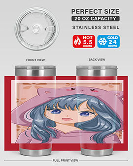 Cute anime tumbler featuring a girl in a cat jacket, designed for hot and cold beverages.
