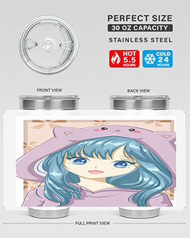 Cute anime tumbler featuring a girl in a cat jacket, designed for hot and cold beverages.