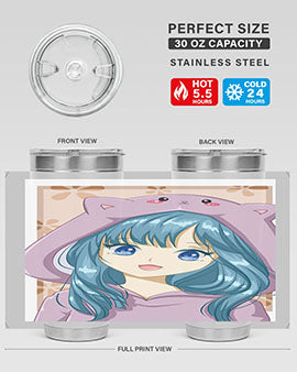Cute anime tumbler featuring a girl in a cat jacket, designed for hot and cold beverages.